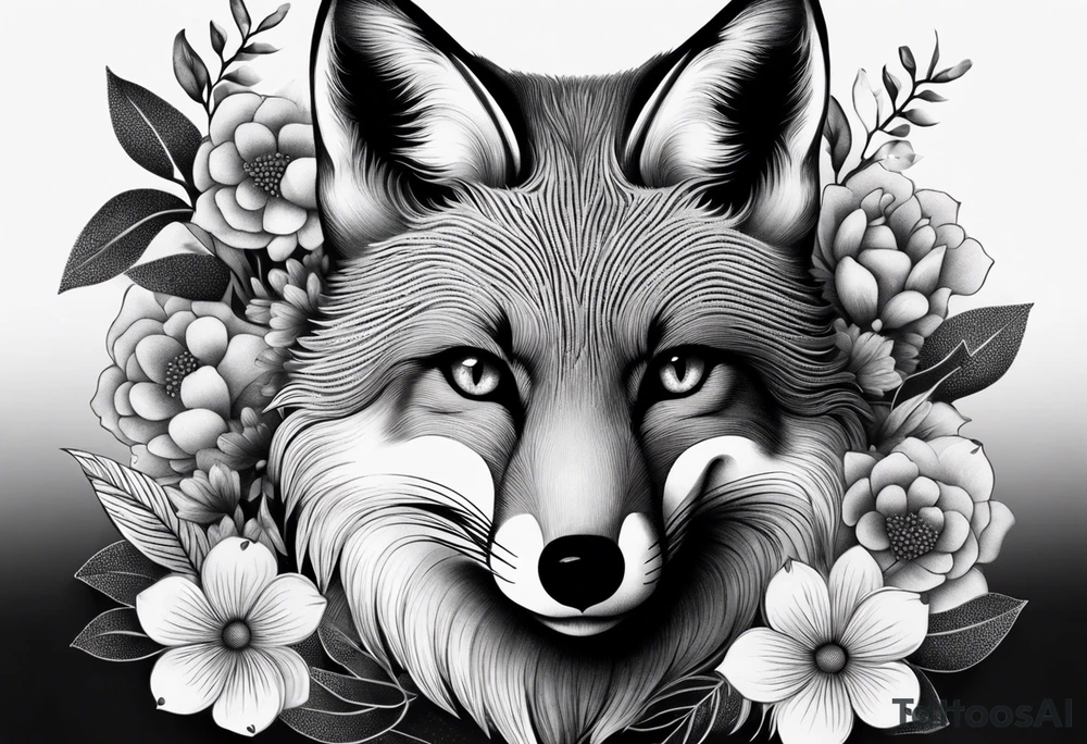fox, realistic, face, flowers tattoo idea