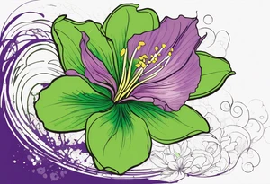 An outline of an only green rio dipladenia flower and a green and purple watercolor splash in the background tattoo idea