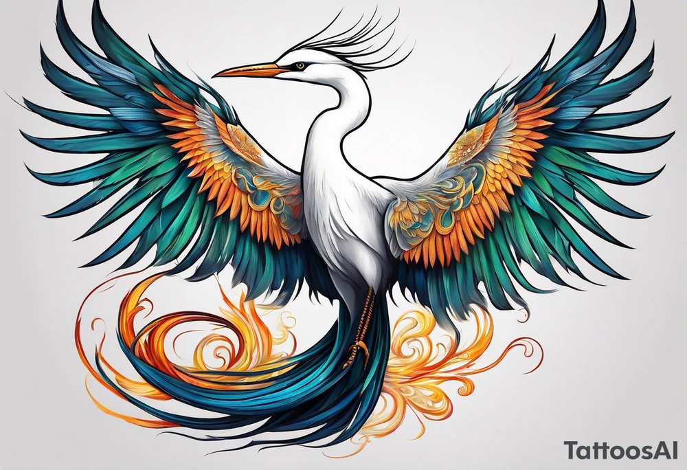 phoenix 
chinese 
egret
long tail 
elegant 
wings down
long neck tattoo idea
