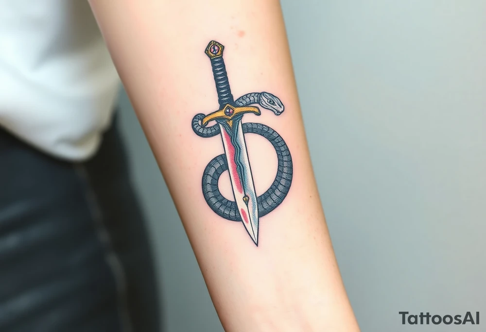 mystical snake coiled around an ancient dagger with jeweled hilt tattoo idea