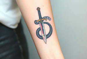 mystical snake coiled around an ancient dagger with jeweled hilt tattoo idea
