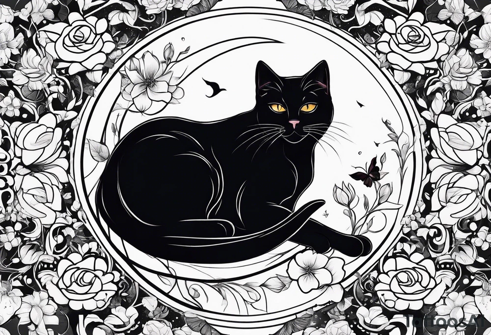 Photo realistic black cat with moon and flowers tattoo idea