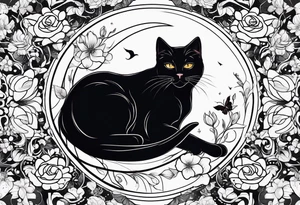 Photo realistic black cat with moon and flowers tattoo idea