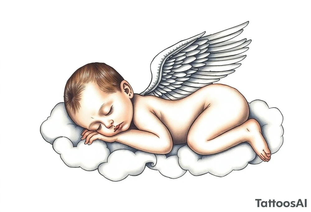 Sleeping Winged baby, laying on the clouds tattoo idea