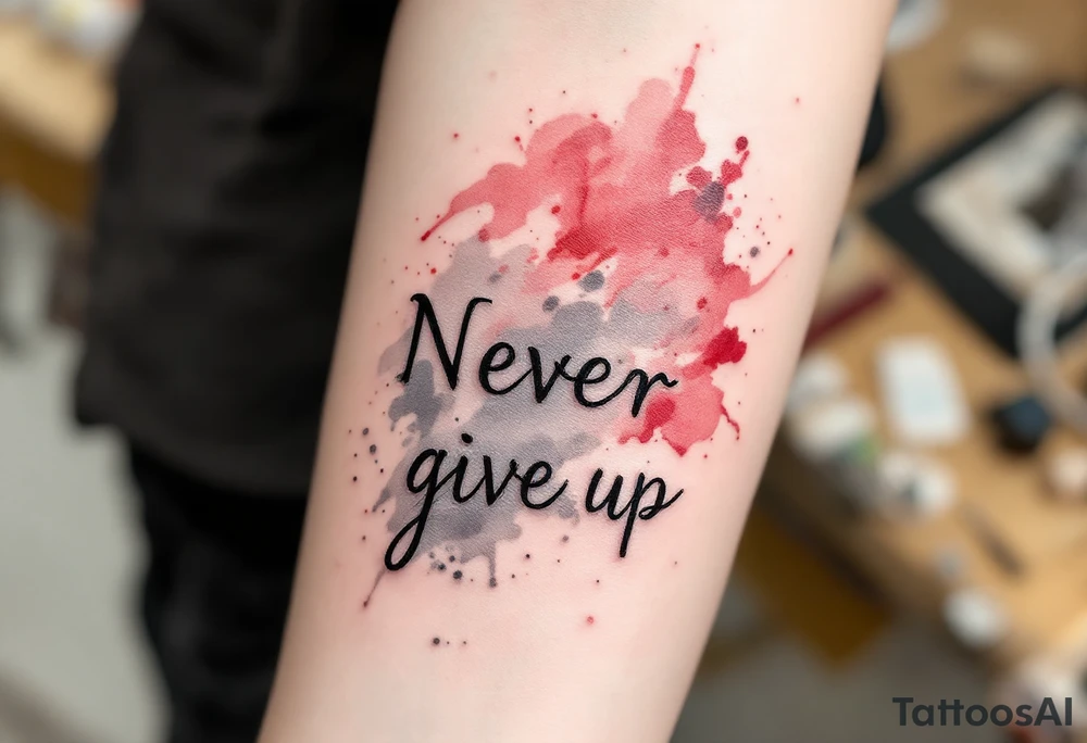 "Never give up" in typewriter font, with splashes of red and gray watercolor behind the text. tattoo idea
