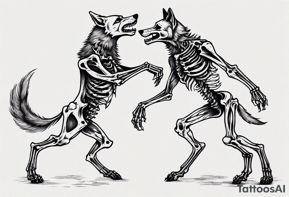 two wolf skeletons dancing tattoo idea