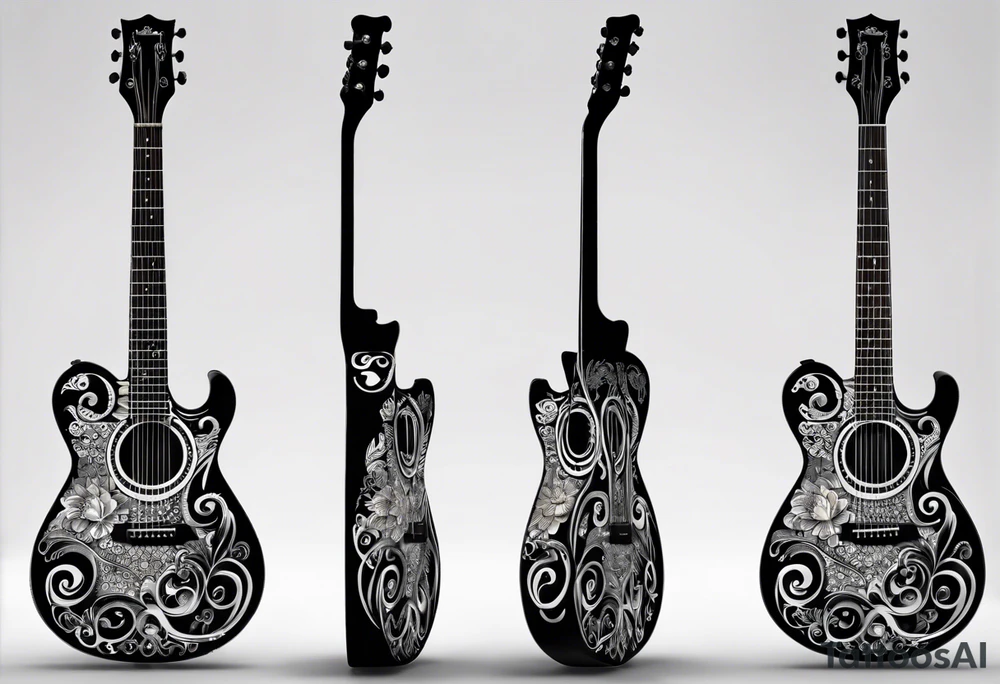 A tattoo featuring an intricate design where the body of a guitar is filled with elaborate swirls and floral patterns. The design is symmetrical with a blend of various curls and loops emanating from the center of the guitar, creating a decorative, ornate appearance. The guitar's neck and headstock are sleek and extend upwards, surrounded by small music notes and stars scattered around it, adding to the musical theme. The entire tattoo has a sense of movement and rhythm, as if the music is flowing from the strings. The tattoo is monochromatic, using shades of black and gray to give depth and contrast. tattoo idea