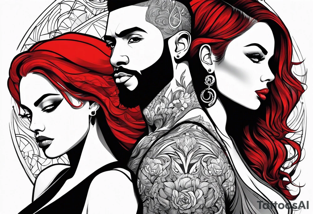 Busty red hair woman with bearded black hair man tattoo idea