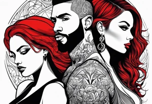 Busty red hair woman with bearded black hair man tattoo idea