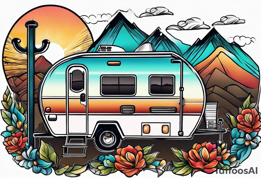 A wind chime with mountains, a mower, a travel trailer all hooked to the wind chime tattoo idea