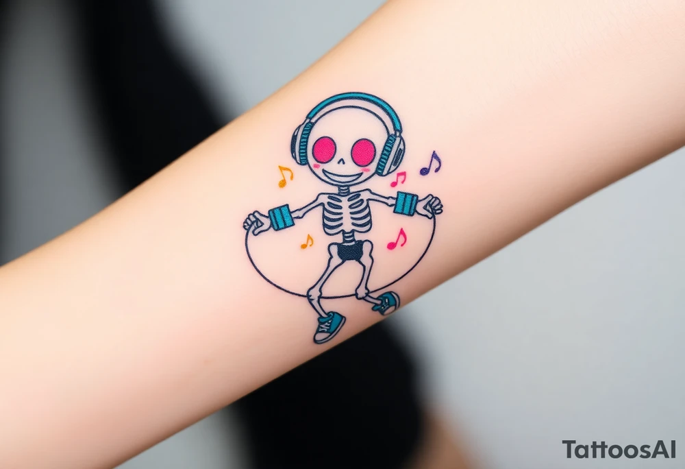 Cute smiley skeleton with pink dreamy eyes in his eyes jumping on a jump rope with both hands blue headphones blue armbands blue sneakers and colorful  music notes around his head tattoo idea
