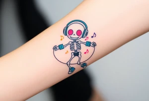 Cute smiley skeleton with pink dreamy eyes in his eyes jumping on a jump rope with both hands blue headphones blue armbands blue sneakers and colorful  music notes around his head tattoo idea