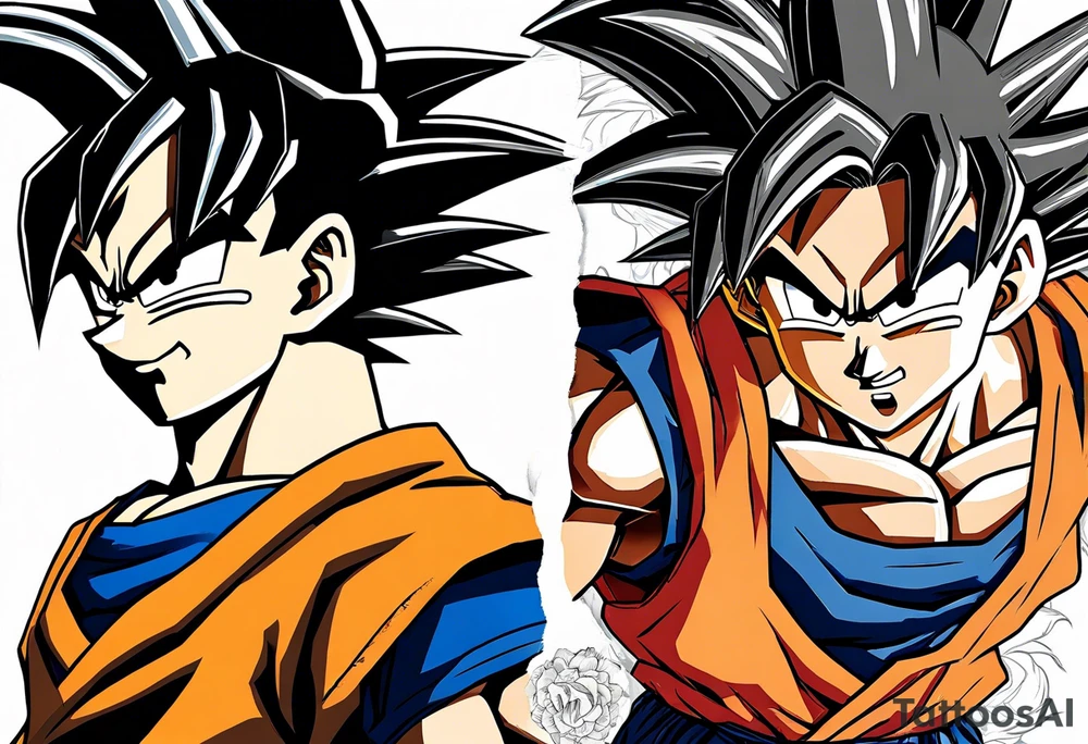 Small Son-Goku in the foreground and an older version of him as a super sayain behind him tattoo idea