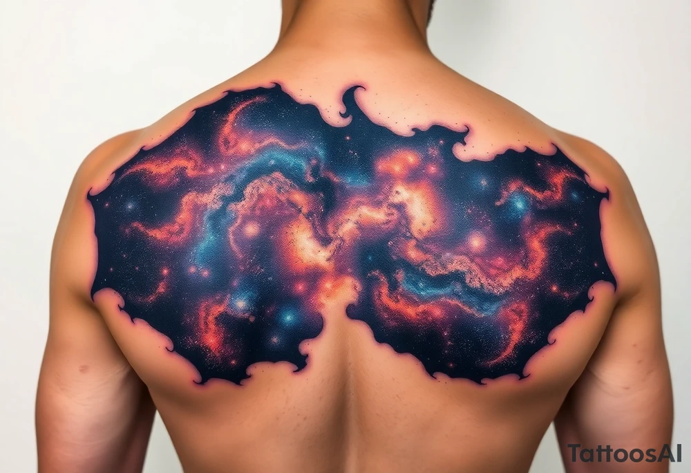 Beautiful and epic 3d milky way that appears to be what is beneath the skin. Make it drape over the shoulder and move to the middle back. use negative spaces to create stars and dust. Incorporate God breathing life into the universe. Keep it symmetrical tattoo idea