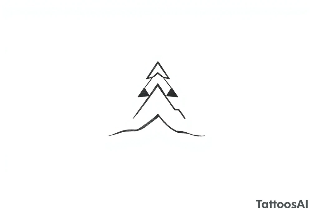 A stacked geometric design resembling a trail marker, consisting of three progressively smaller angular “arrowhead” shapes pointing upward. Beneath the arrow shapes, a thin, curved line flows gently, representing terrain, trails, or movement across landscapes. The design is abstract and highly symbolic, with clean, sharp edges. tattoo idea