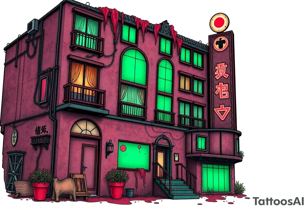 Tim Burton’s Tokyo sex hotel from outside viewis abandoned and dripping with muted reds, dusty pinks, and eerie green glow. tattoo idea tattoo idea