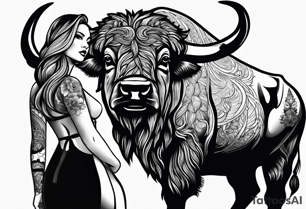 buffalo standing next to a woman show the whole body tattoo idea