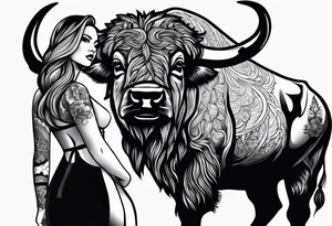 buffalo standing next to a woman show the whole body tattoo idea