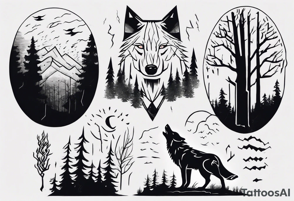 a thunder and lightning storm over a forest with a distant wolf howling and a drums tattoo idea a thunder and lightning storm over a forest with a distant wolf howling and a drums tattoo idea