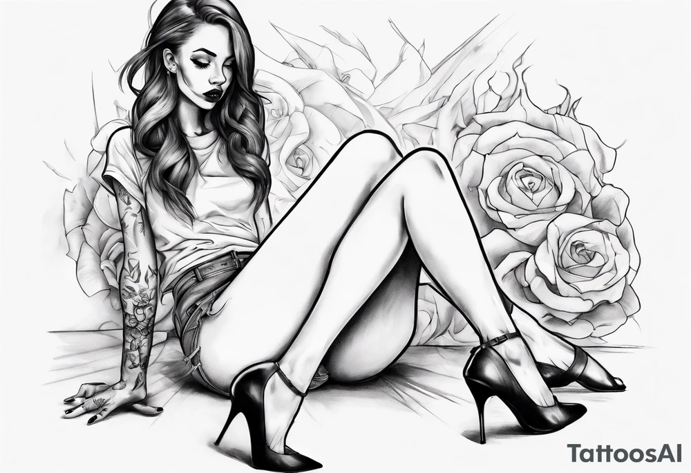 A girl in heels sits on the floor, leaning on her feet, with two legs wide open tattoo idea