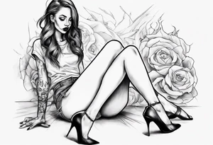 A girl in heels sits on the floor, leaning on her feet, with two legs wide open tattoo idea