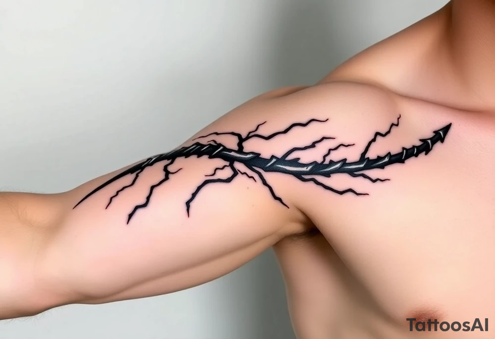 I want a tattoo inspired by the character Izuku midorya from my hero academia. I want his black whip and lighting across my bicep, shoulder and leading slightly to my traps. I want it to be sharp. Not lacking or cringy. Sharp. I don’t want the character or the characters arm. I want the black whip and lighting. tattoo idea