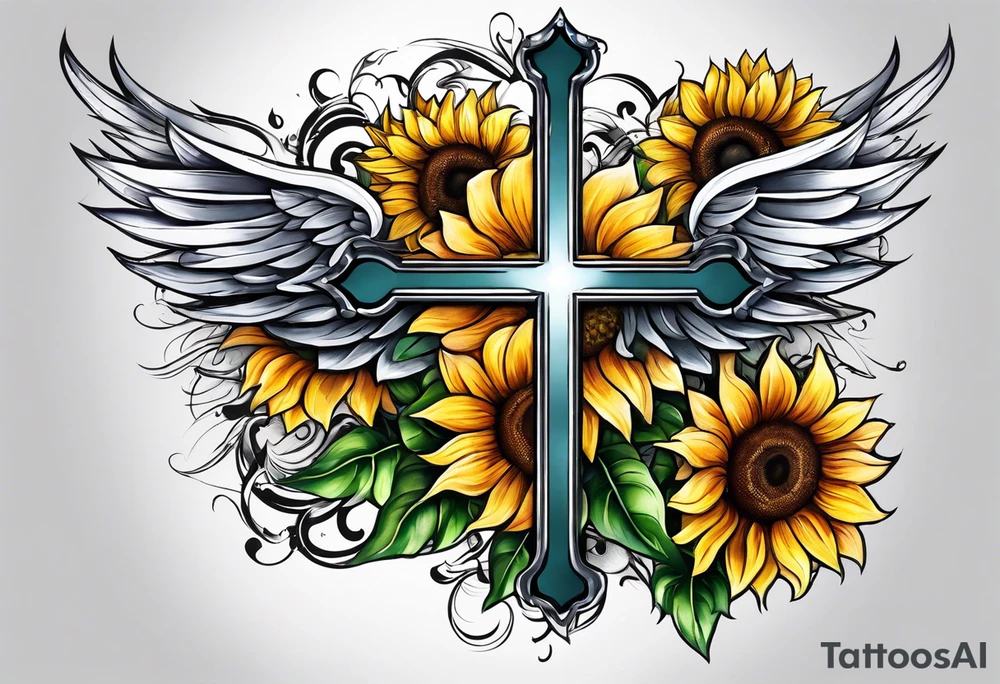 Winged cross with sunflower tattoo idea