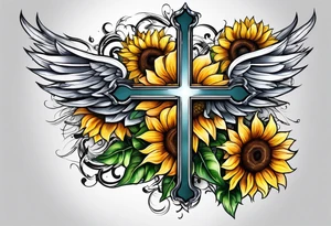 Winged cross with sunflower tattoo idea