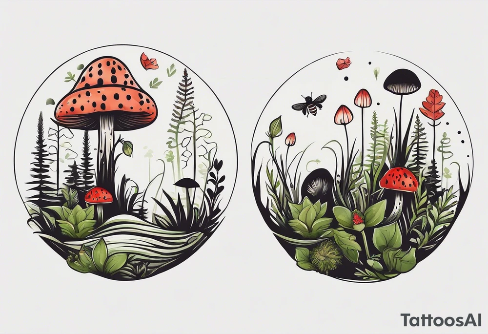 forest floor inspired minimalist tattoo, which includes grass, curly ferns, moss and dead leaves as the bulk of the tattoo. details to include: three very tiny strawberries, a tiny bumblebee flying nearby, three small brown mushrooms
Generate a vertically long one tattoo idea