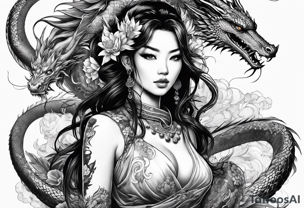 large warrior nymph with dragon tattoo idea