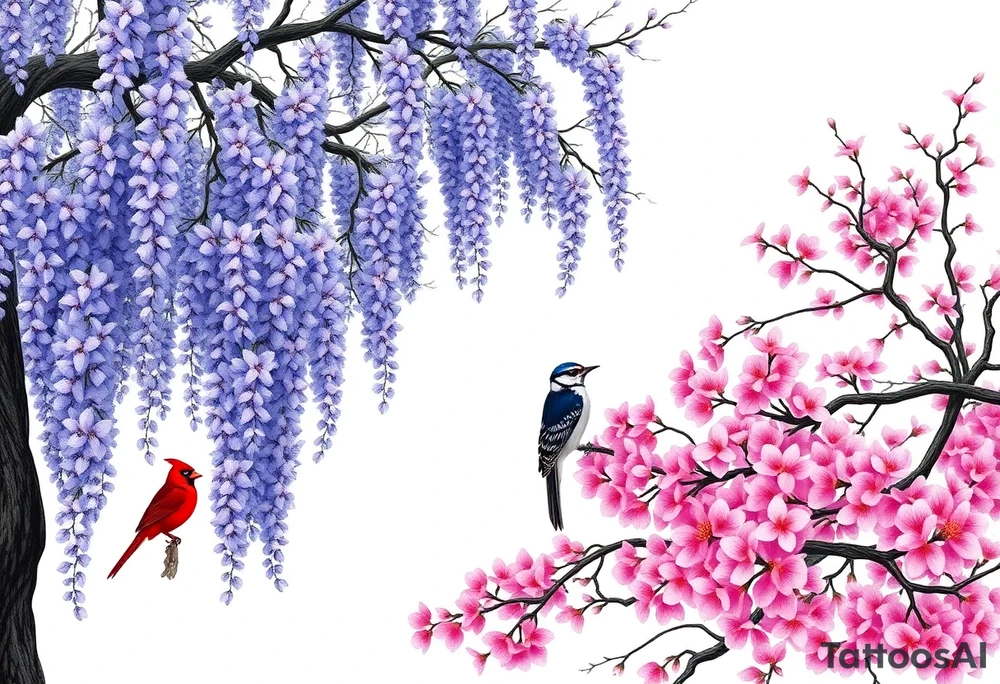 The American wisteria tree drapes gracefully with cascading clusters of lavender-blue flowers, its twisting vines wrapping around sturdy branches, creating a breathtaking canopy of delicate blossoms that sway gently in the breeze. Beside it, the Eastern redbud stands in striking contrast, its branches bursting with vibrant pink blossoms that cling tightly to the dark, twisting limbs, forming a cloud of rosy hues against the sky. Perched among the blooms, a brilliant red cardinal, a vivid indigo bunting, and a delicate downy woodpecker bring life to the scene— the cardinal’s crimson feathers glowing against the wisteria, the bunting’s deep blue plumage blending with the blossoms, and the woodpecker clinging to the redbud’s bark, its black-and-white speckled coat and soft red crown adding a final touch of natural harmony. tattoo idea