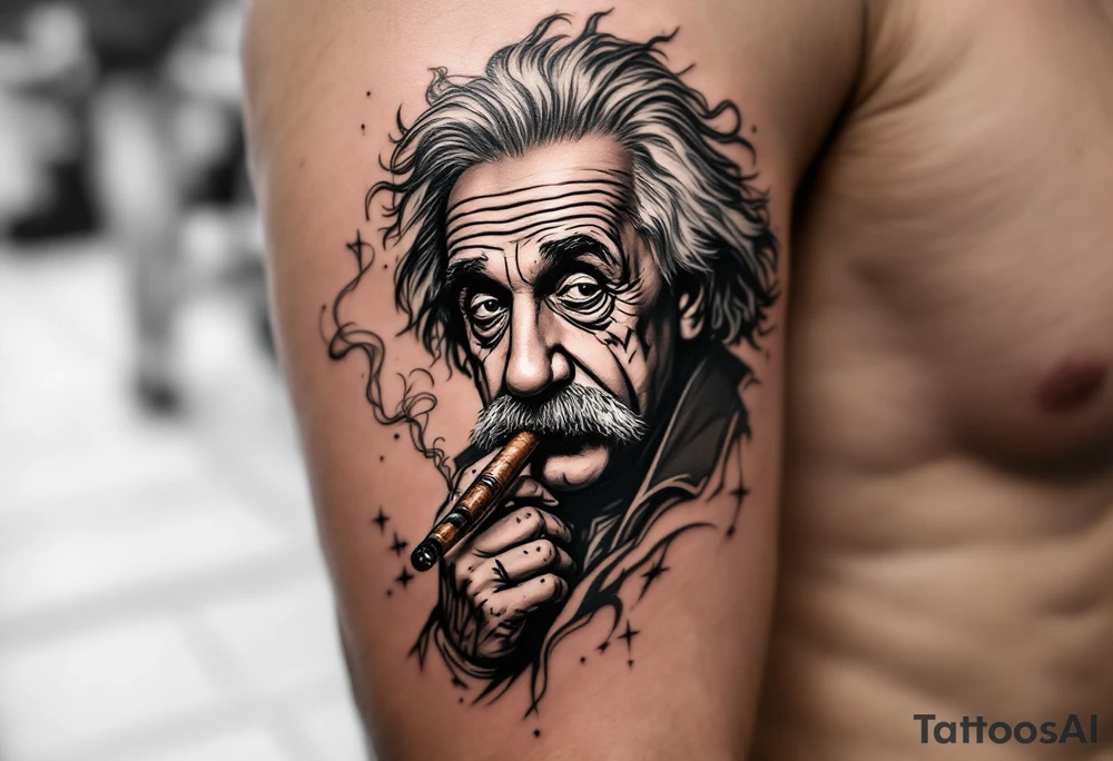 Albert einstein smoking a cigar with tattoos on him. tattoo idea