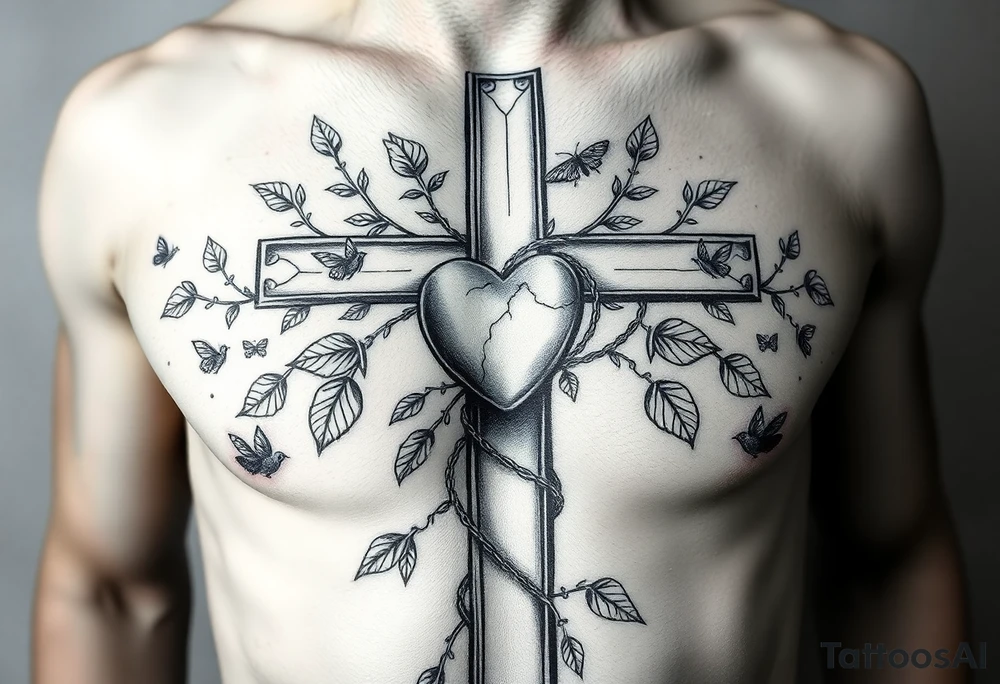 powerful majestic cross on the front of the body  just above the nipples and center to the chest with vines closely wrapped around the cross representing life and a heart within the cross being held like a chain from the cross and other symbols of life like insects and birds butterflies tattoo idea