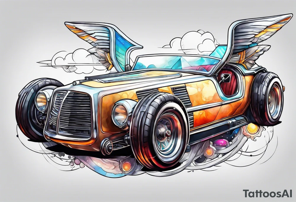 retro futuristic time machine flying car tattoo idea