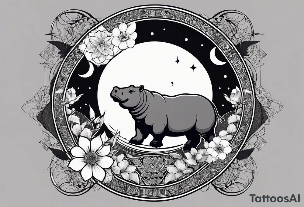 Very asymmetrical, +geometric pattern, with realistic full moon, with seeious looking hippo, +zen feel, + Buddhism touch, +tribal, +geometric
with wintersweet flower bud, +portrait orientation, +inkart touch, tattoo idea
