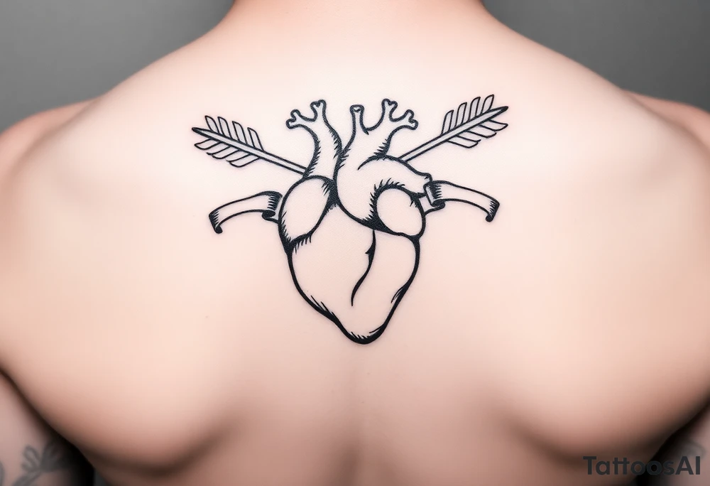 anatomical heart pierced by ornate arrow with flowing ribbons tattoo idea