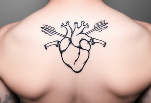 anatomical heart pierced by ornate arrow with flowing ribbons tattoo idea