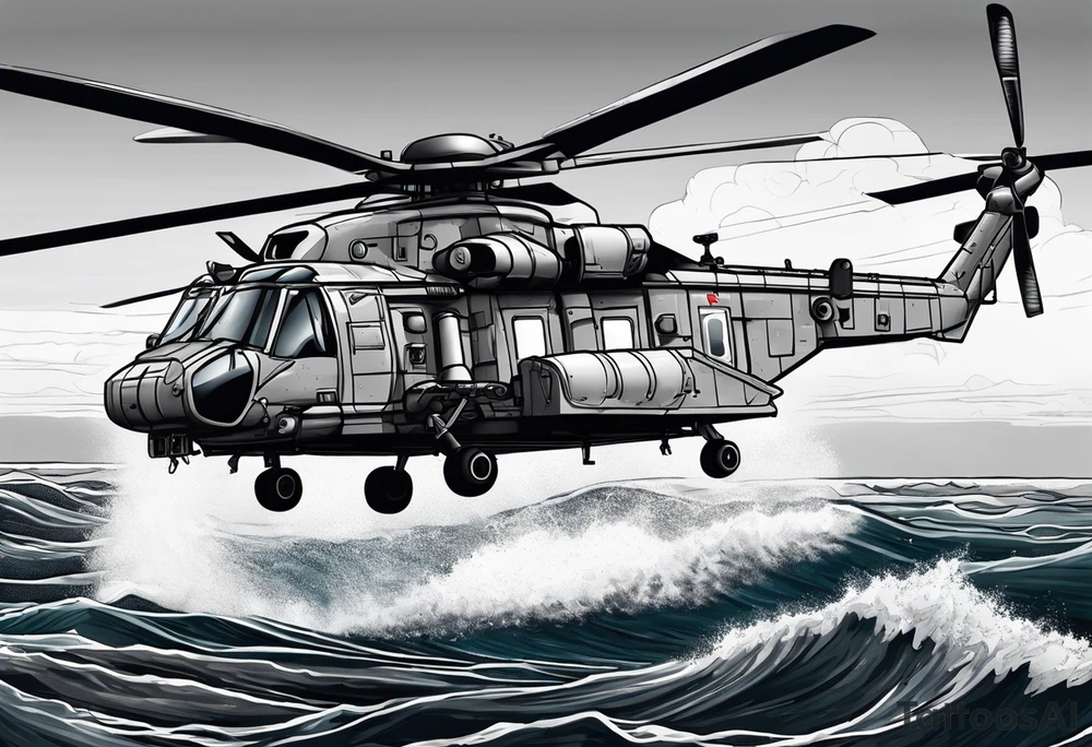 canadian military grey helicopter cyclone CH-148, a helicopter flying over rough sea, military art, ocean specular, highly detailed background, detailed 4 k drawing tattoo idea