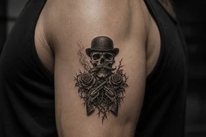Gothic skull in bowler hat, handlebar mustache, holding smoking cigar, antique revolvers at sides, thorny roses. tattoo idea
