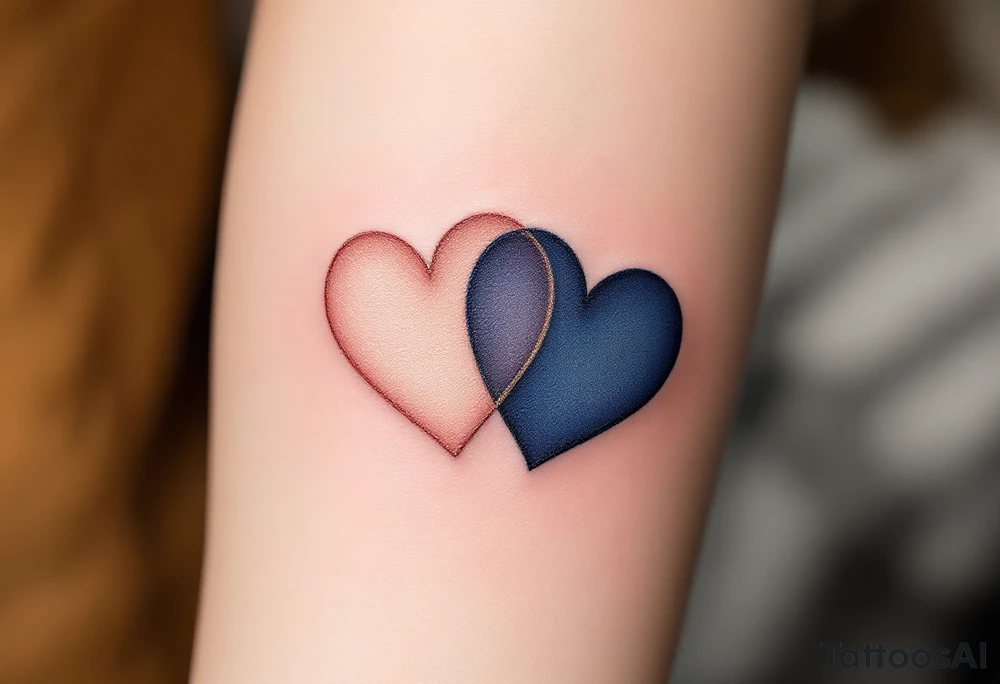 A matching tattoo of two intertwined hearts—one in soft rose gold and the other in deep navy blue—symbolizing harmony in contrast. tattoo idea