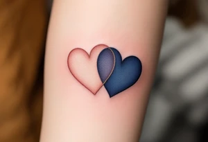 A matching tattoo of two intertwined hearts—one in soft rose gold and the other in deep navy blue—symbolizing harmony in contrast. tattoo idea