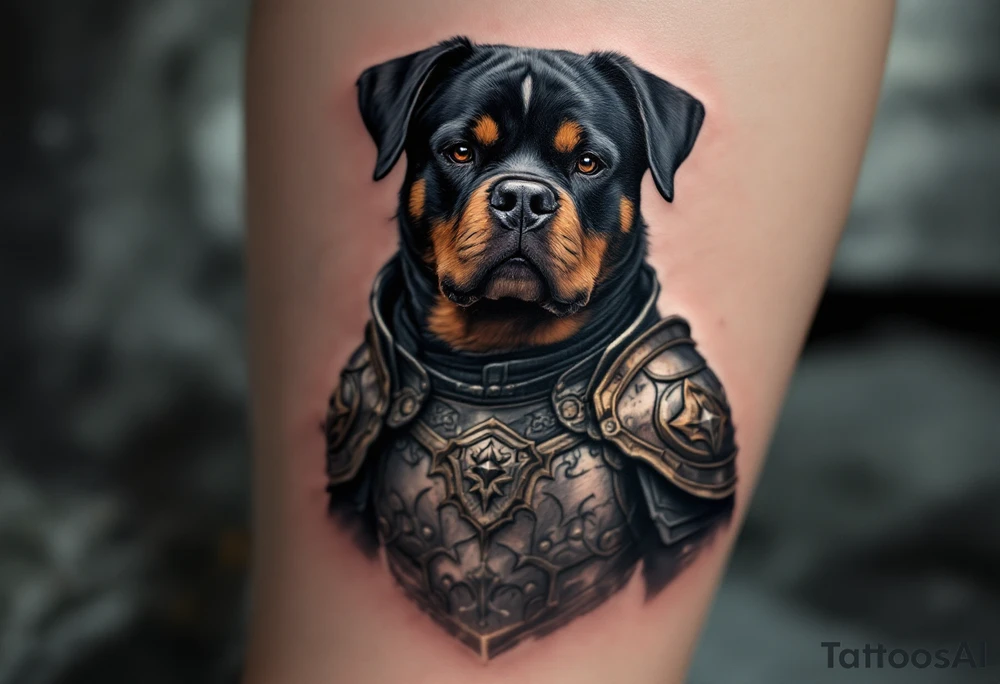 Warrior Rottweiler with Armor – A battle-ready Rottweiler wearing medieval-style armor with silver and bronze tones, set against a stormy background. tattoo idea
