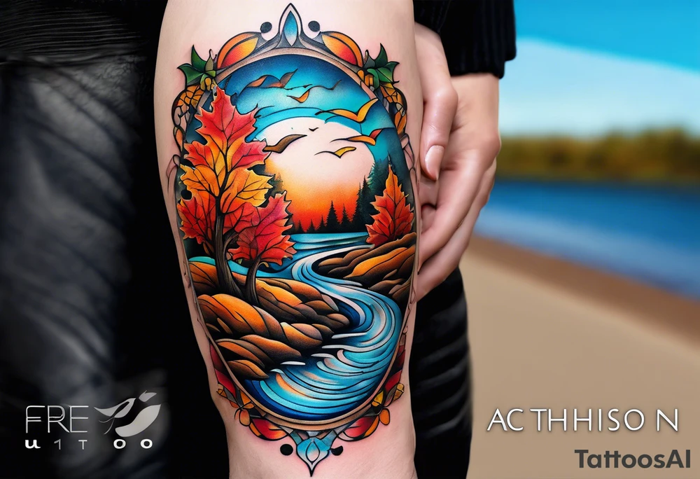 Knee tattoo with fall colors showing leaves, water flow and sky tattoo idea