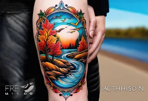 Knee tattoo with fall colors showing leaves, water flow and sky tattoo idea