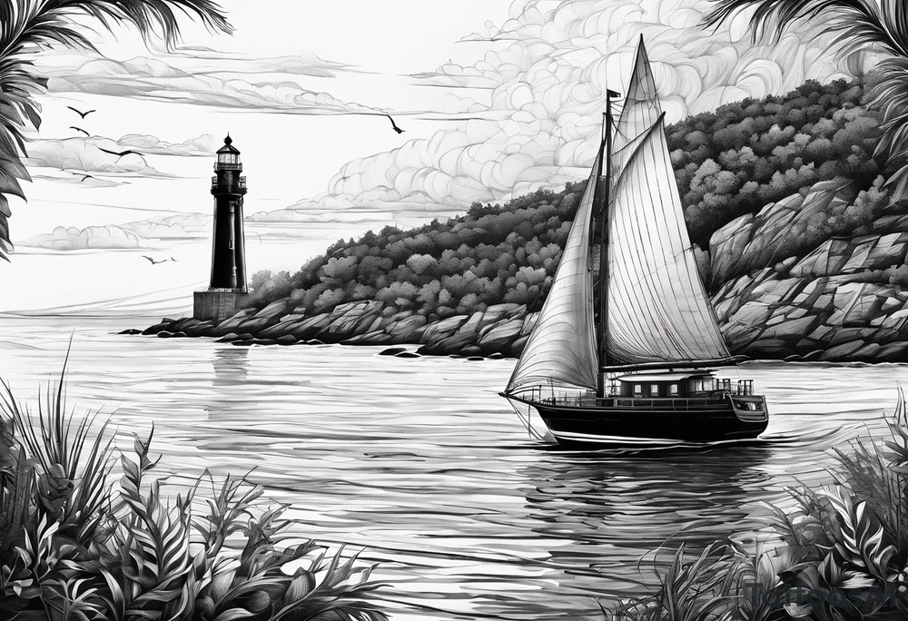 voilier vue de face. phare maritime fixé au centre du voilier et utilisé comme un mat pour les voiles. tattoo idea