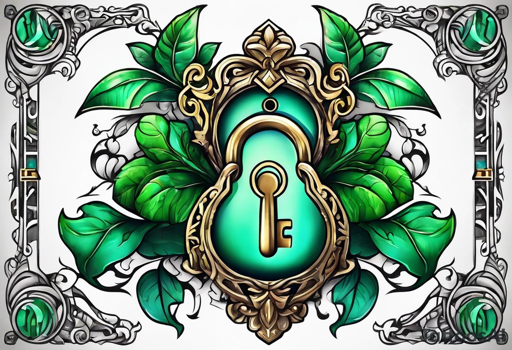 Lock and key with emerald stone tattoo idea