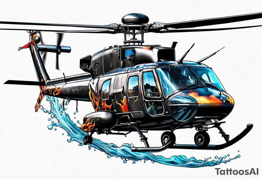 a helicopter dropping water on a fire with a bucket tattoo idea