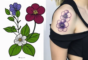 wildlower tattoo with 2 violets as the focal point.  1 small blueberry and 1 small raspberry tattoo idea