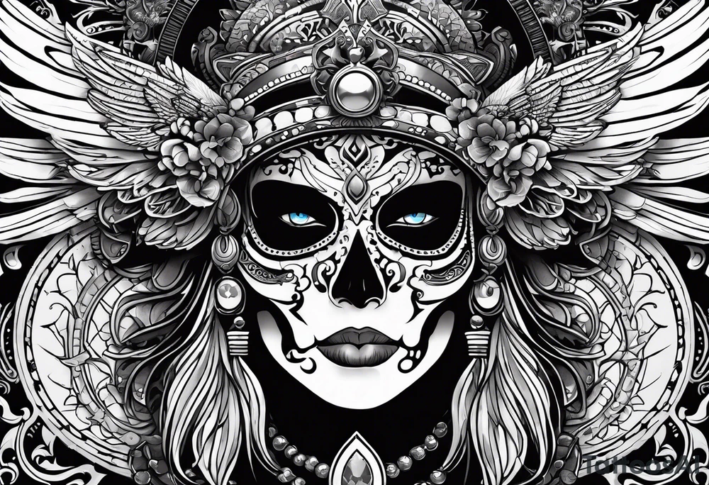 black kali, goddess pirate, alien, pachamama, valkrye, warrior, skull, lotus azul, wing, eagle, zenza resonance, stars, 5D tattoo idea