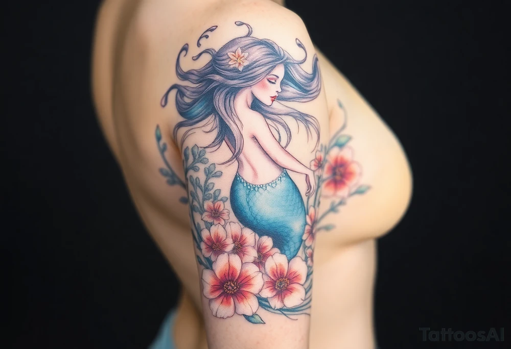 ethereal mermaid with flowing hair among coral and sea flowers tattoo idea